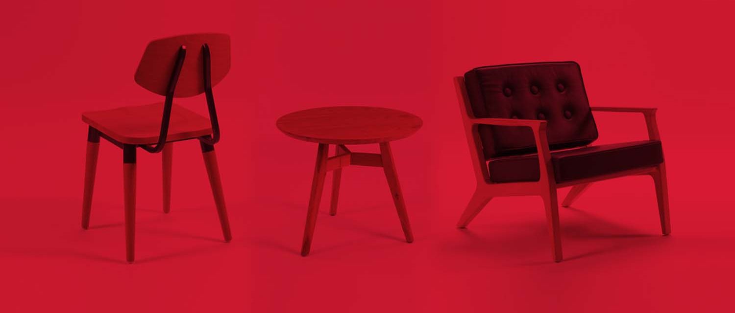 red room with modernist furniture
