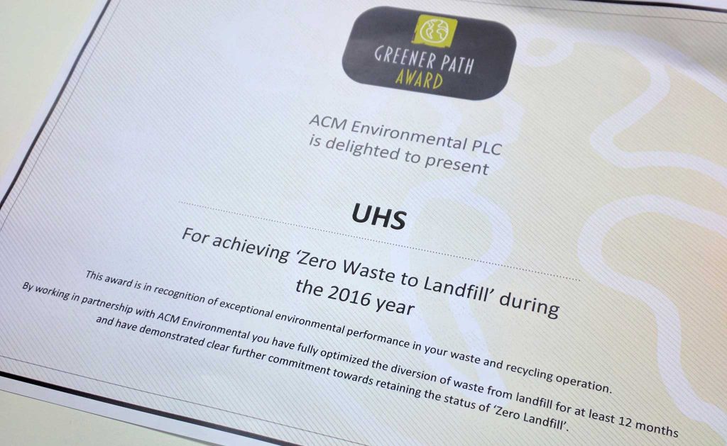UHS Group 'zero waste to landfill' sustainability certificate