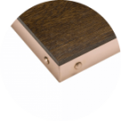 Tischplatte aus Holz mit Zierleisten aus Metall