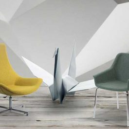 Gelbe und graue Möbel, inspiriert von der Origami-Kunst